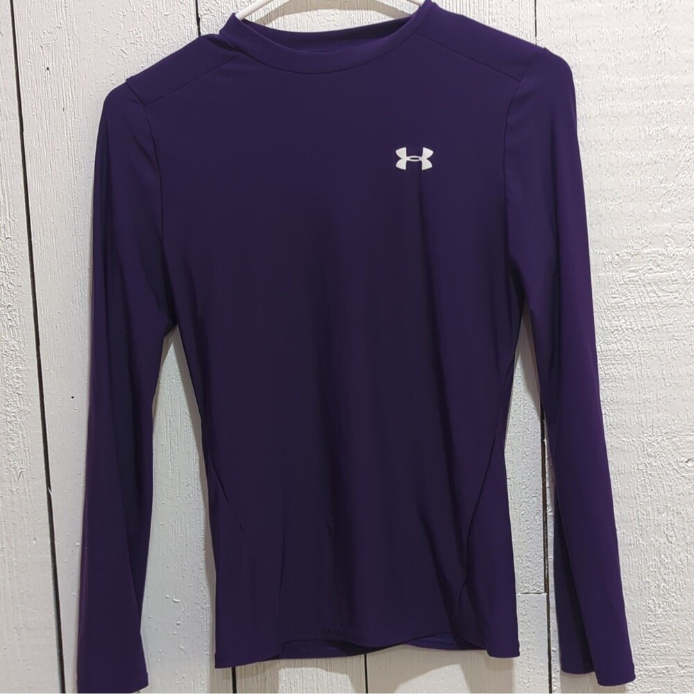 Under Armour Boys HeatGear Purple Fitted Long Sleeve Crew Neck Shirt Youth L